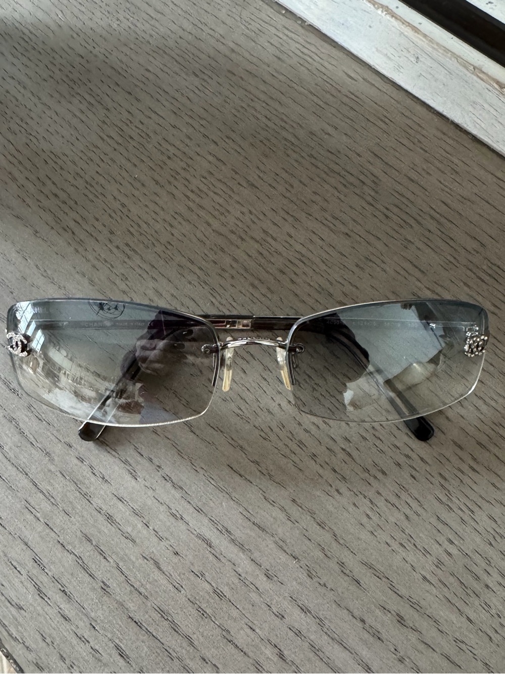 CHANEL Vintage Rimless Sunglasses with Gray Lenses and Crystal Chanel Logo